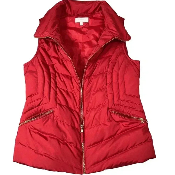 Talbots S Quilted Down Fill Puffer Vest Red Gold Zip Pocket High Neck Soft Shell - Picture 2 of 14